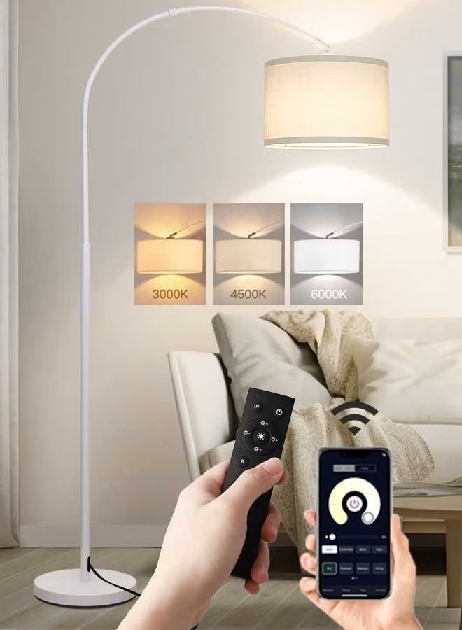 Sharpdo Modern LED Arc Floor Lamp with Remote Control, 3 Color Temperatures (3000K/4500K/6000K), Adjustable Hanging Drum Shade, Standing Lamp for Living Room & Bedroom - White - Image 1